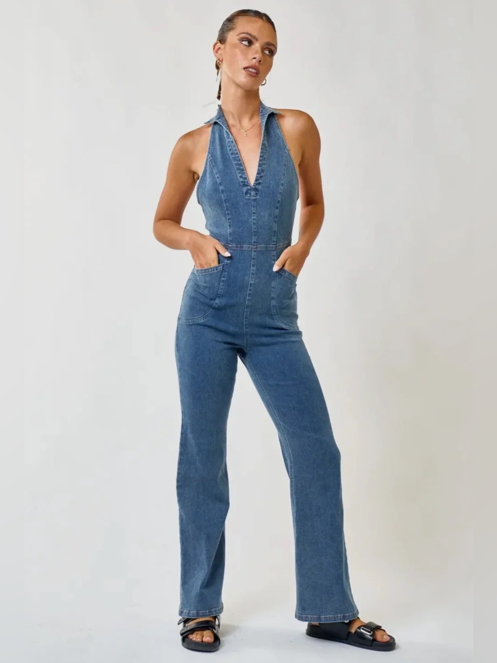 Blue Blush Denim Halter Jumpsuit in Washed Blue Never Worn